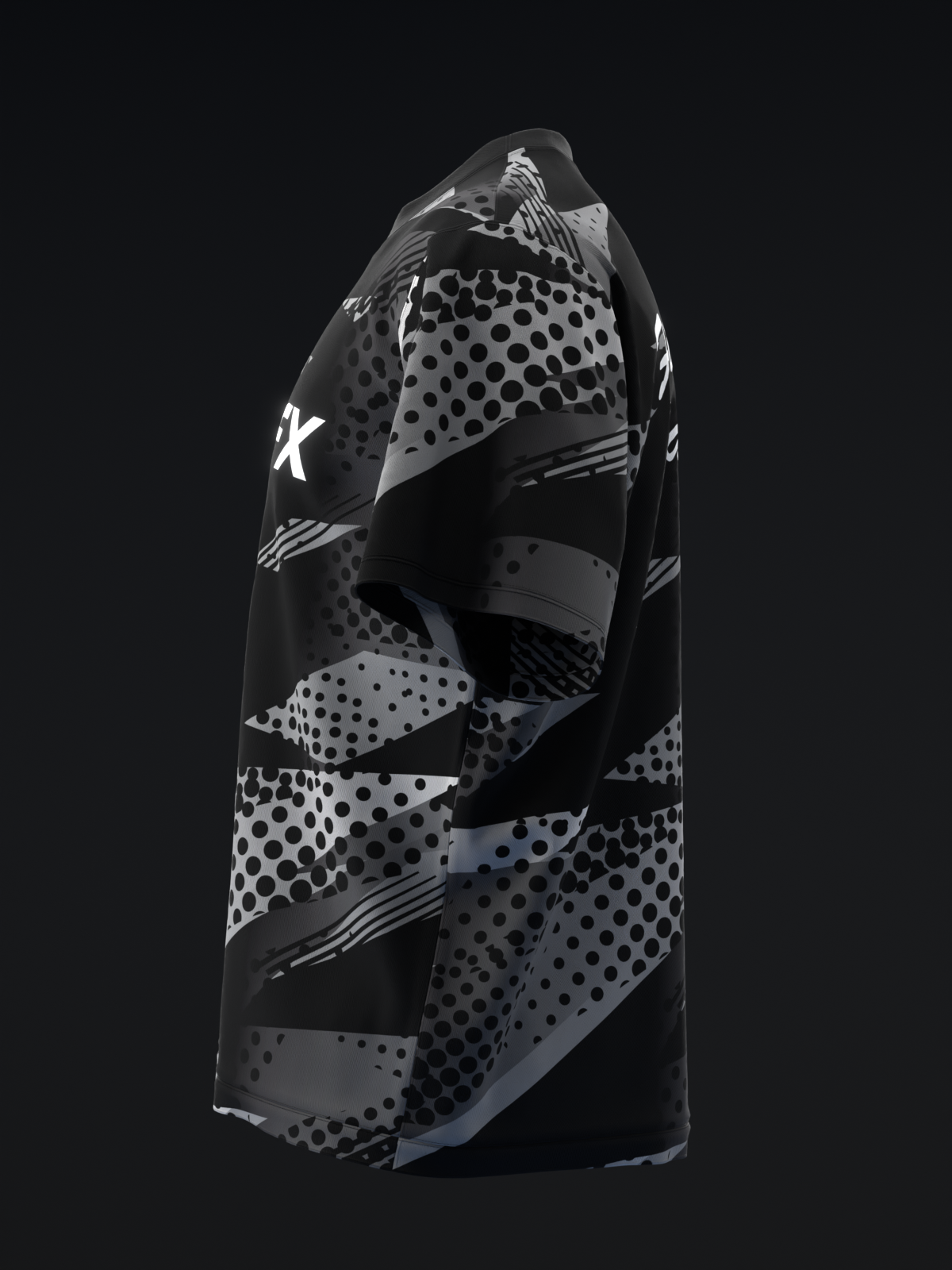 Black and gray bowling jersey with geometric dot and stripe pattern, front view