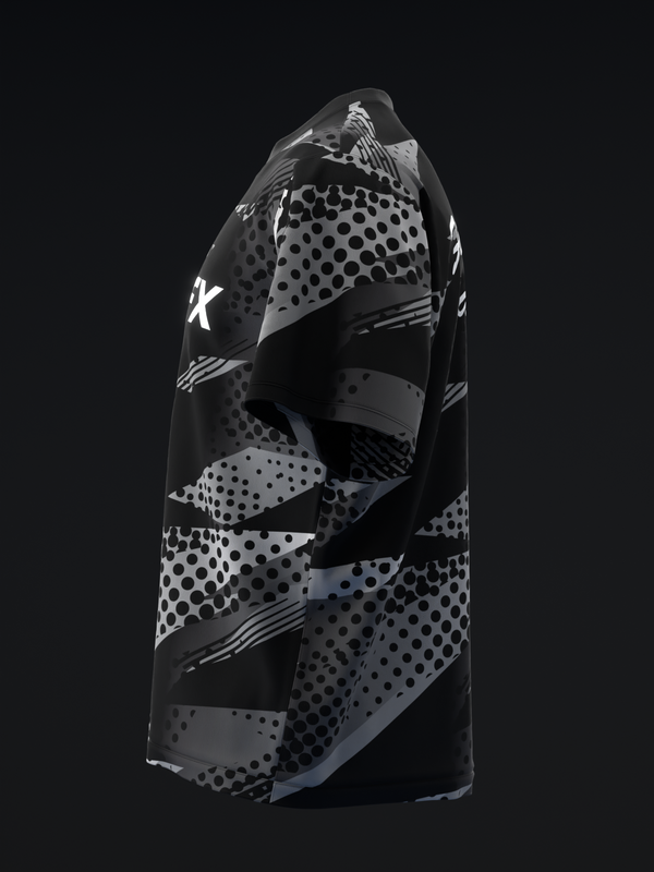 Black and gray bowling jersey with geometric dot and stripe pattern, front view