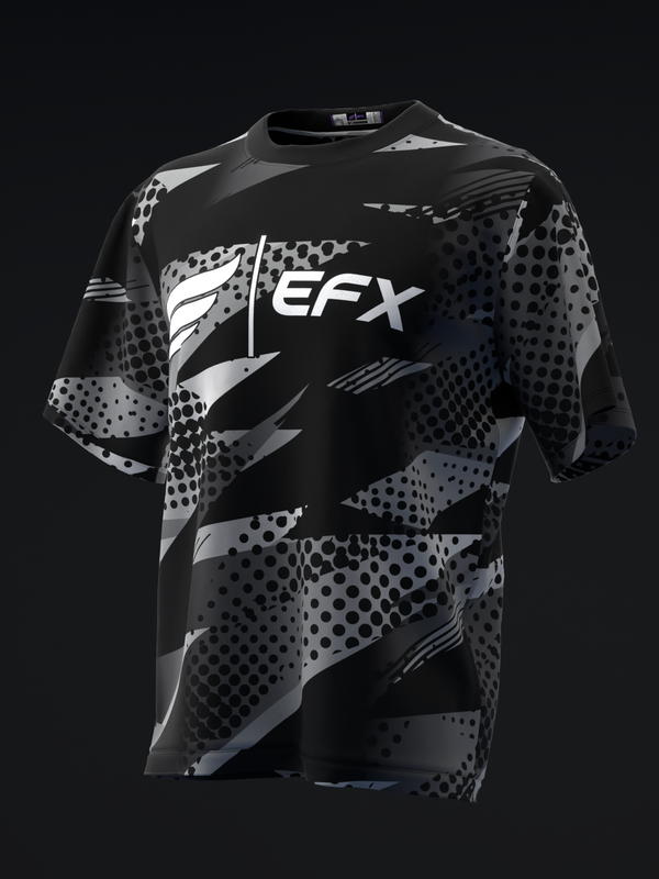 Black and gray bowling jersey with dotted pattern and EFX logo, front view