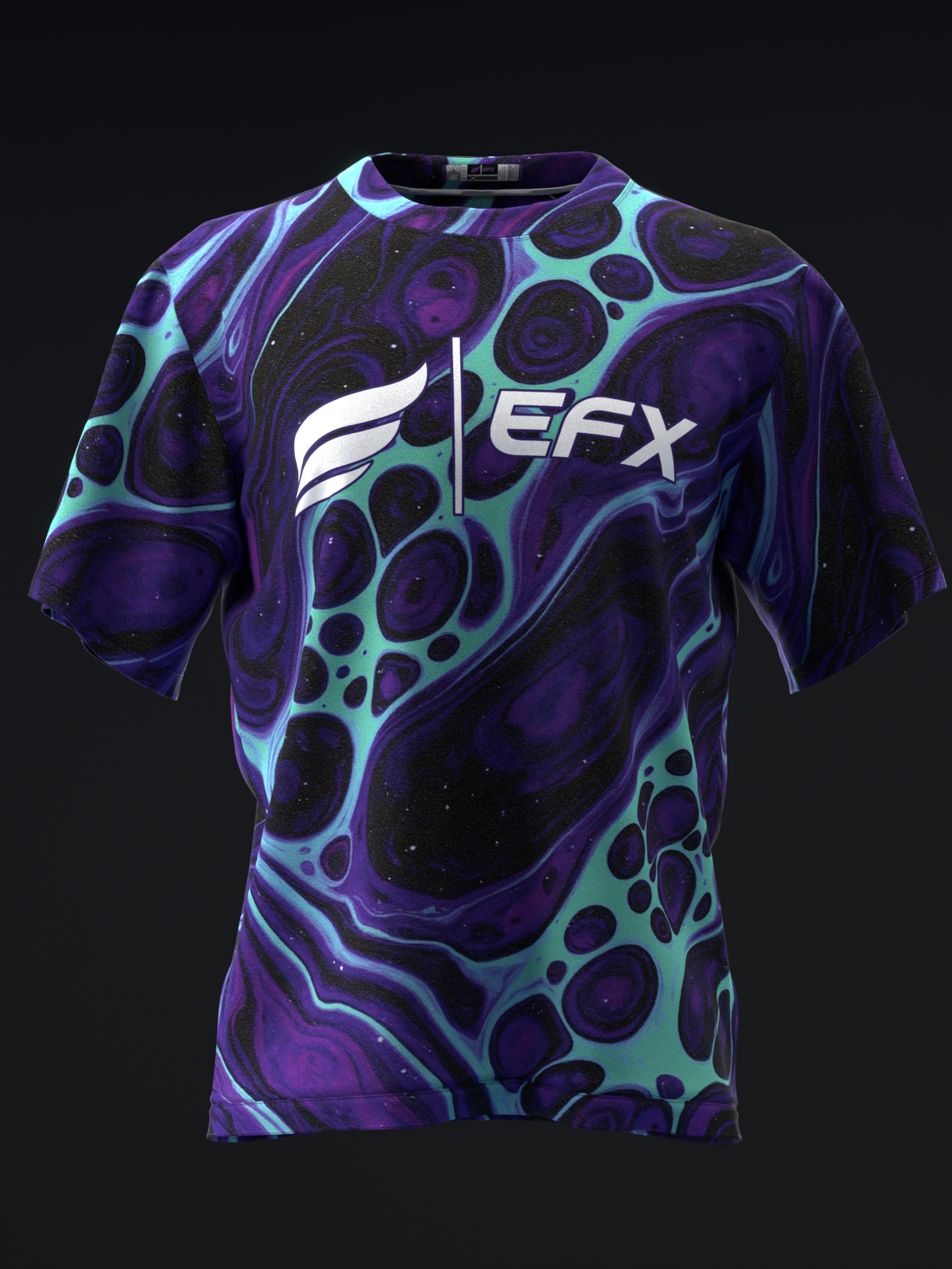Purple bowling jersey with cyan swirled pattern and EFX logo, front view