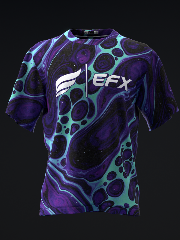 Purple bowling jersey with cyan swirled pattern and EFX logo, front view