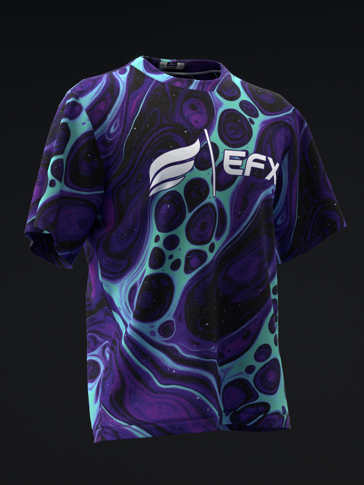 Purple bowling jersey with cyan abstract pattern and EFX logo, front view