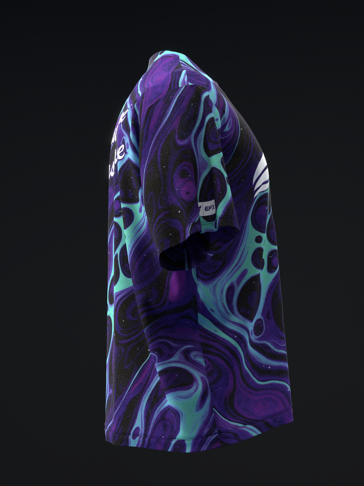 Purple bowling jersey with swirled black and cyan abstract pattern, front view