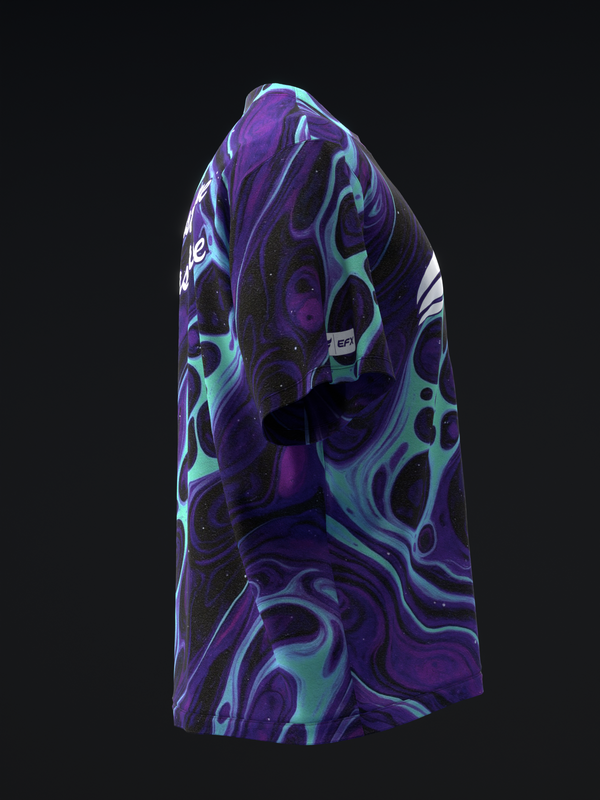 Purple bowling jersey with swirled black and cyan abstract pattern, front view
