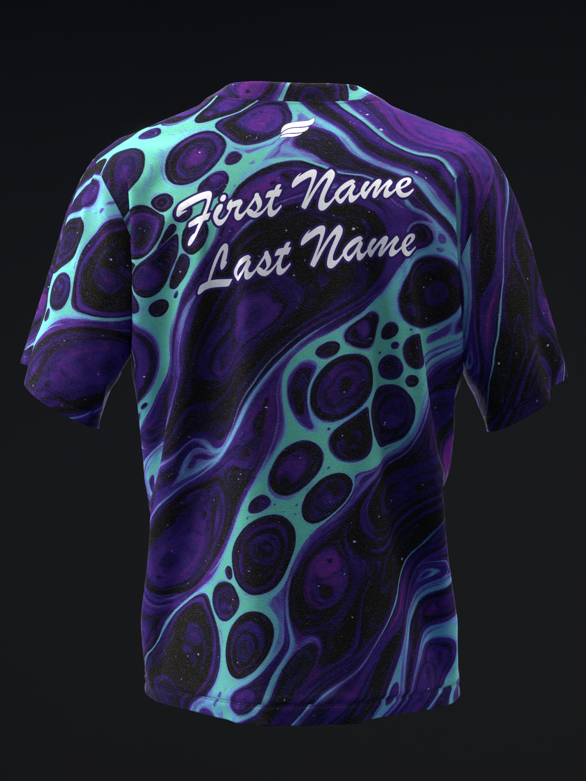 Back view of purple bowling jersey with cyan organic pattern and personalized name text