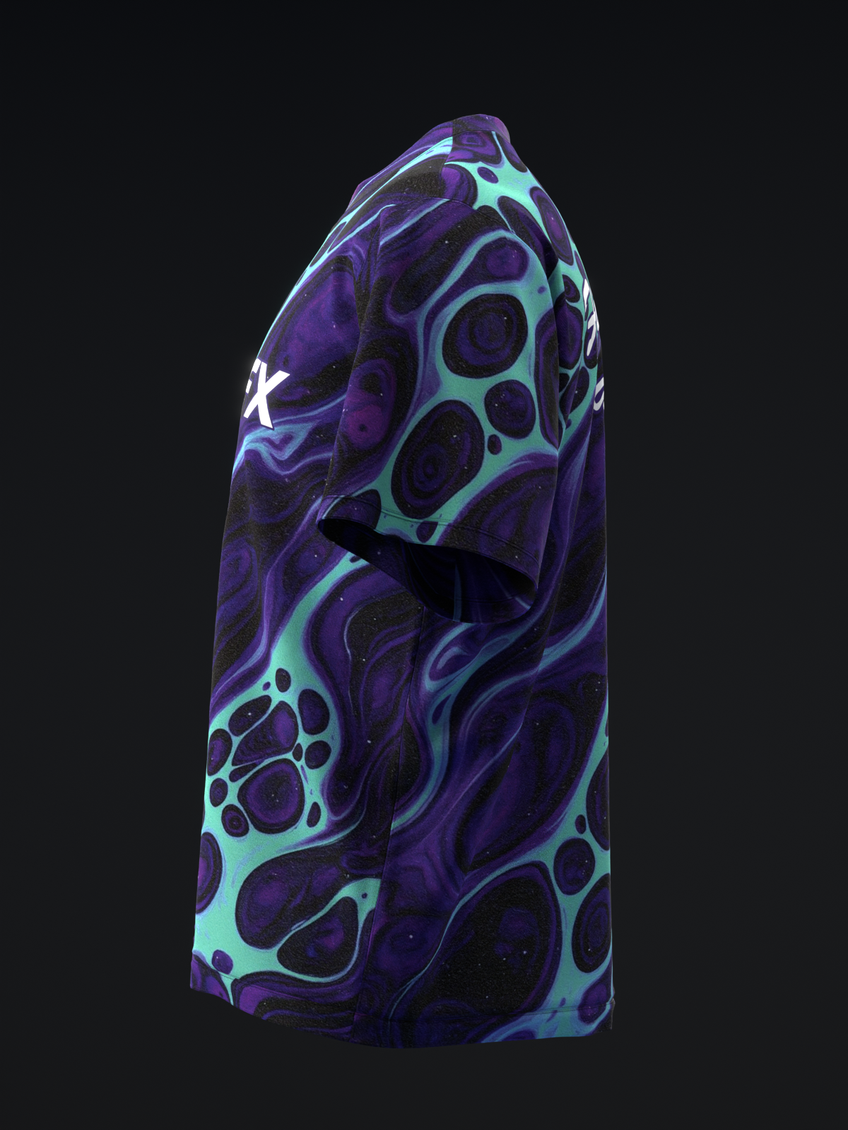 Purple bowling jersey with cyan paw print and swirl pattern, side view