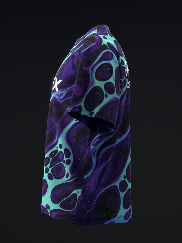 Purple bowling jersey with cyan paw print and swirl pattern, side view