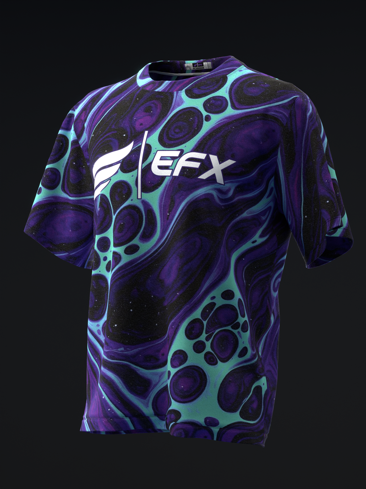 Purple and teal abstract cellular pattern bowling jersey, front view with EFX logo