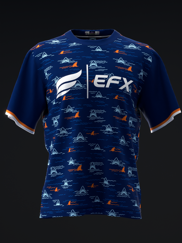 Navy bowling jersey with shark and wave pattern, EFX logo front view