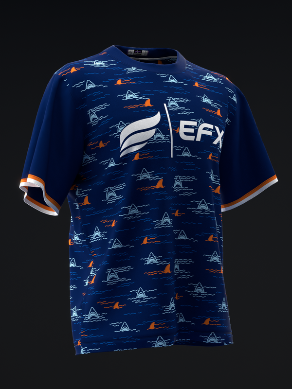 Navy bowling jersey with white EFX logo and shark fin pattern in white and orange