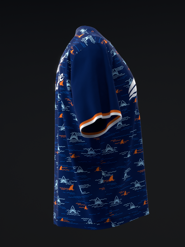 Navy bowling jersey with white and orange shark pattern throughout