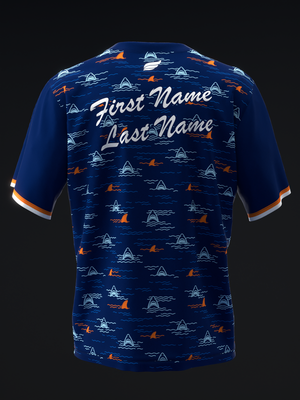 Navy bowling jersey with shark and lightning bolt pattern, customizable name lines