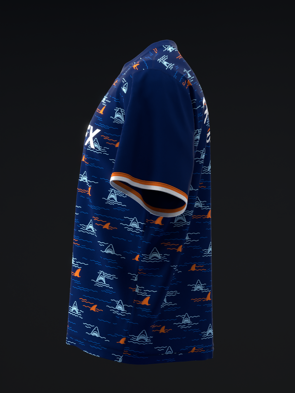 Navy bowling jersey with shark and orange wave pattern design, side view
