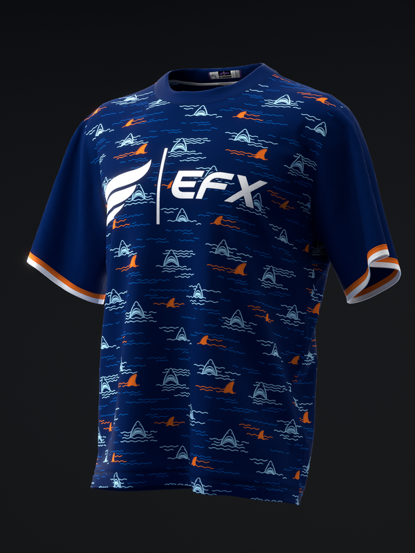 Navy bowling jersey with shark and lightning bolt pattern, EFX logo, orange and white trim