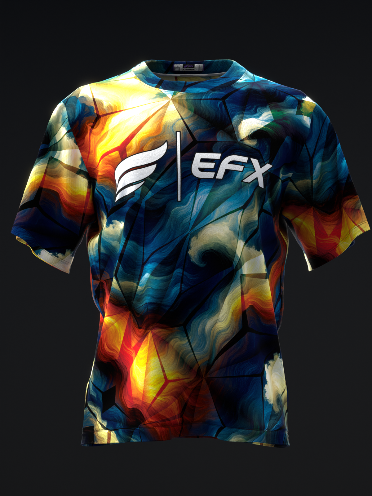 Front view of bowling jersey with bold abstract geometric pattern in blue, yellow, orange and white tones, EFX logo on chest