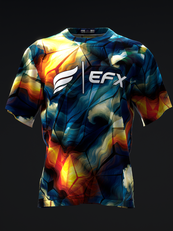Front view of bowling jersey with bold abstract geometric pattern in blue, yellow, orange and white tones, EFX logo on chest