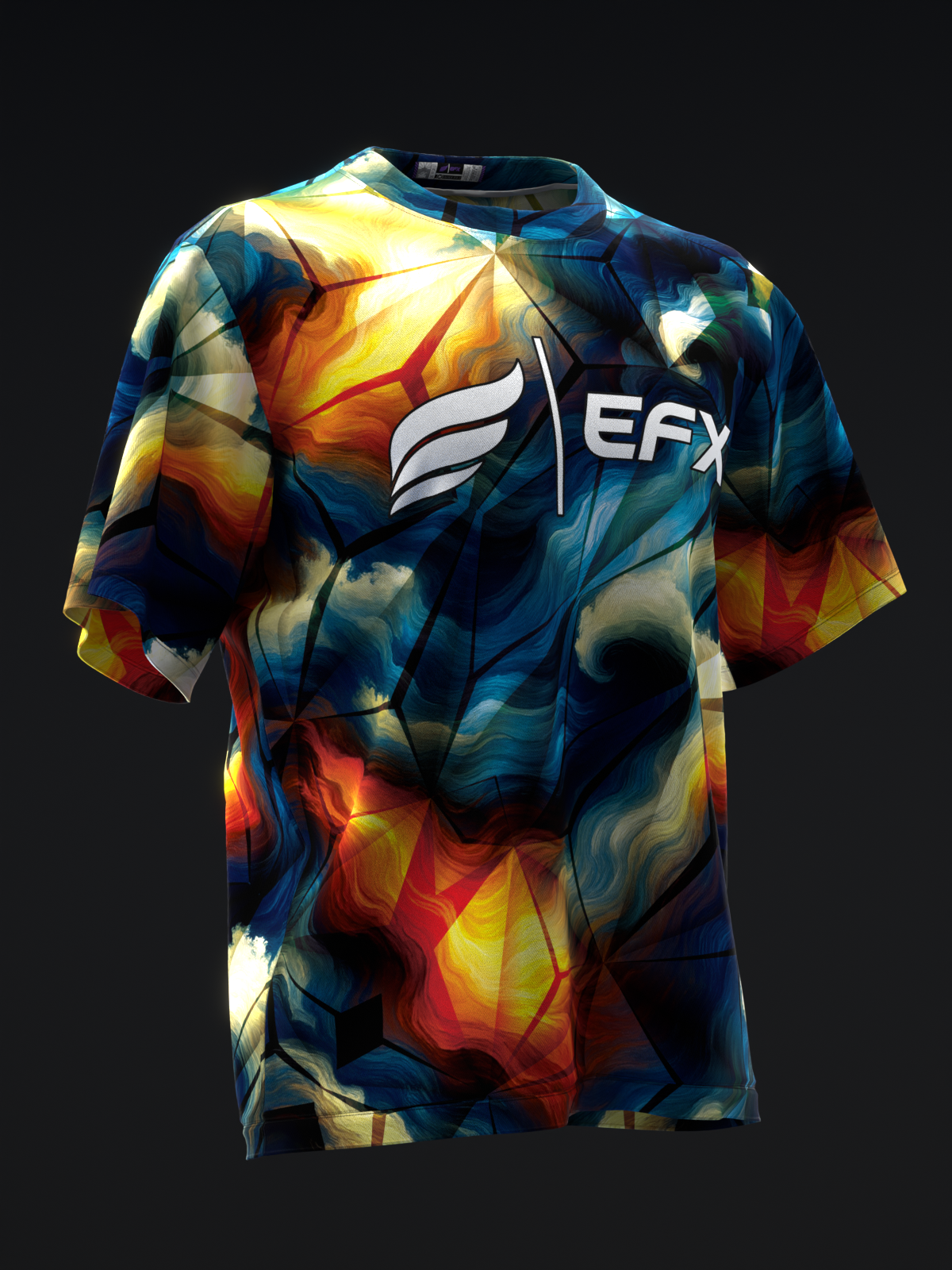 Front view of bowling jersey with abstract geometric pattern in blue, red, orange and yellow tones, EFX logo on chest.