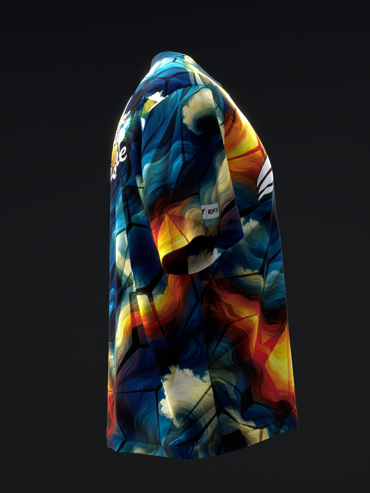 Bowling jersey in blue, orange, and white with abstract shattered pattern, side view