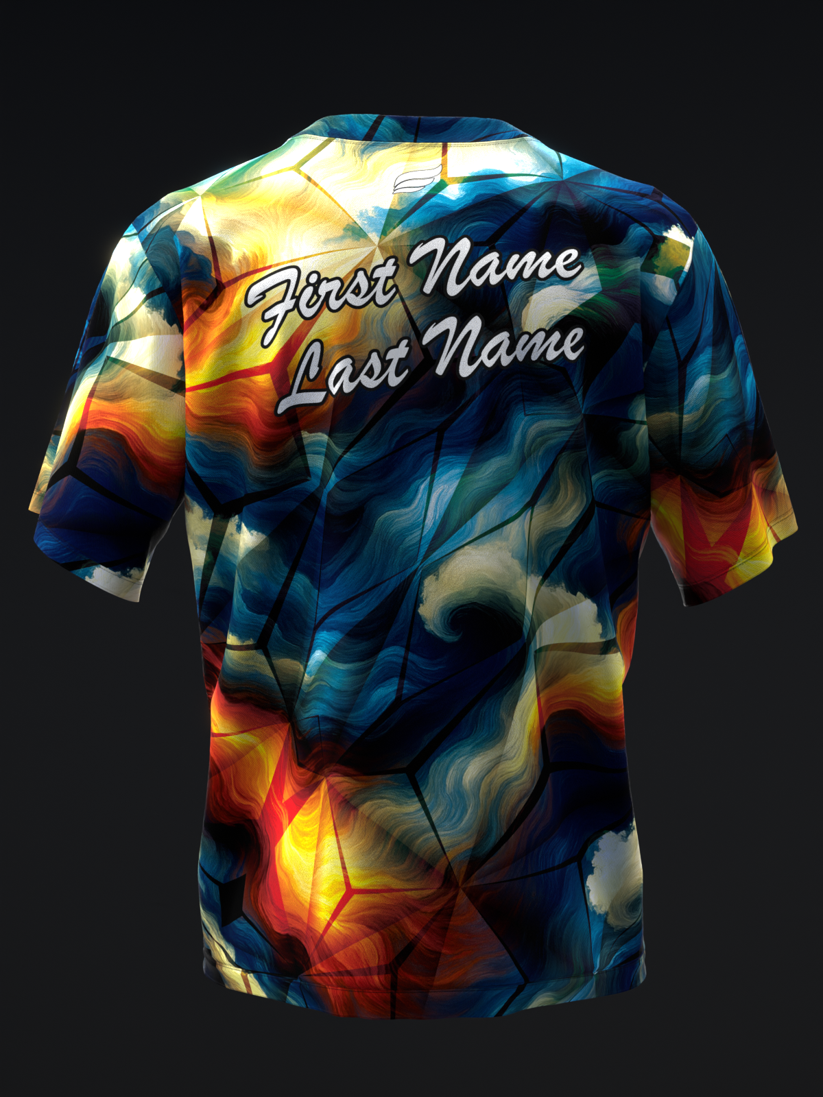 Bowling jersey with abstract blue, yellow, and red shattered glass pattern, back view