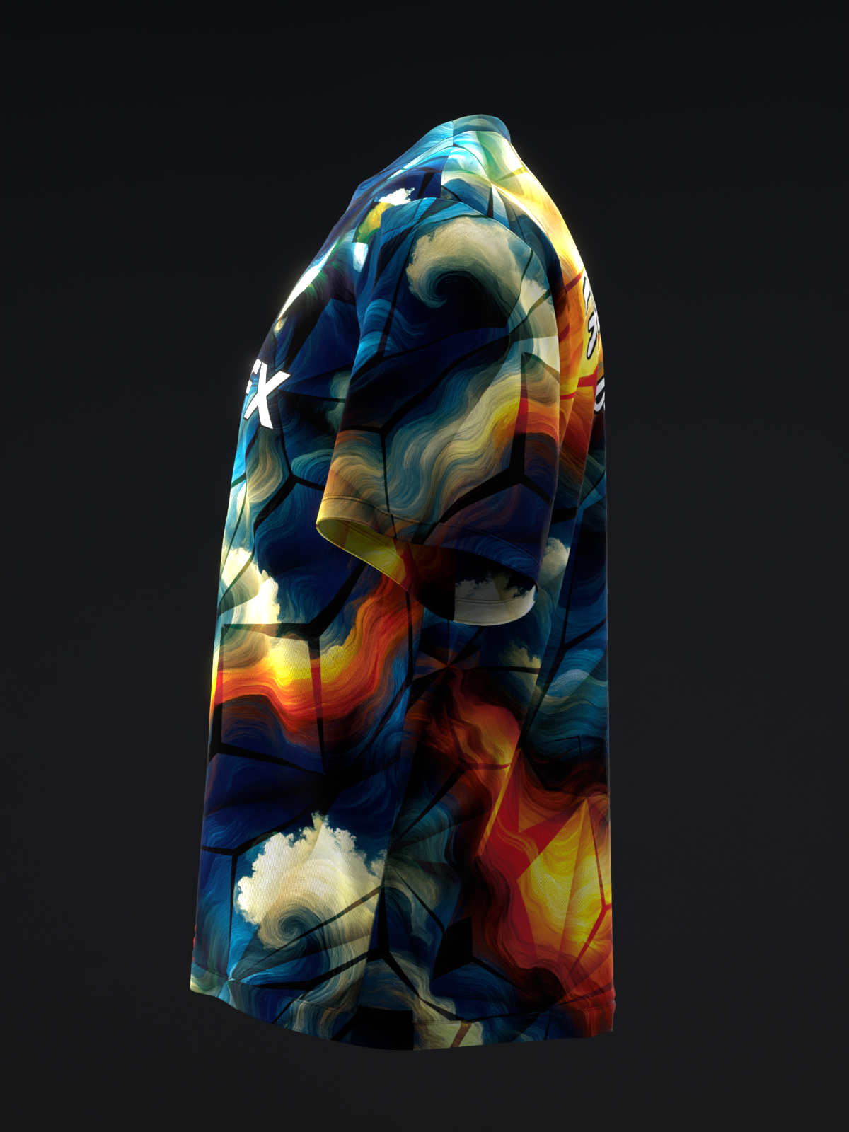 Bowling jersey with abstract sky and cloud graphic in blue, orange, and yellow tones
