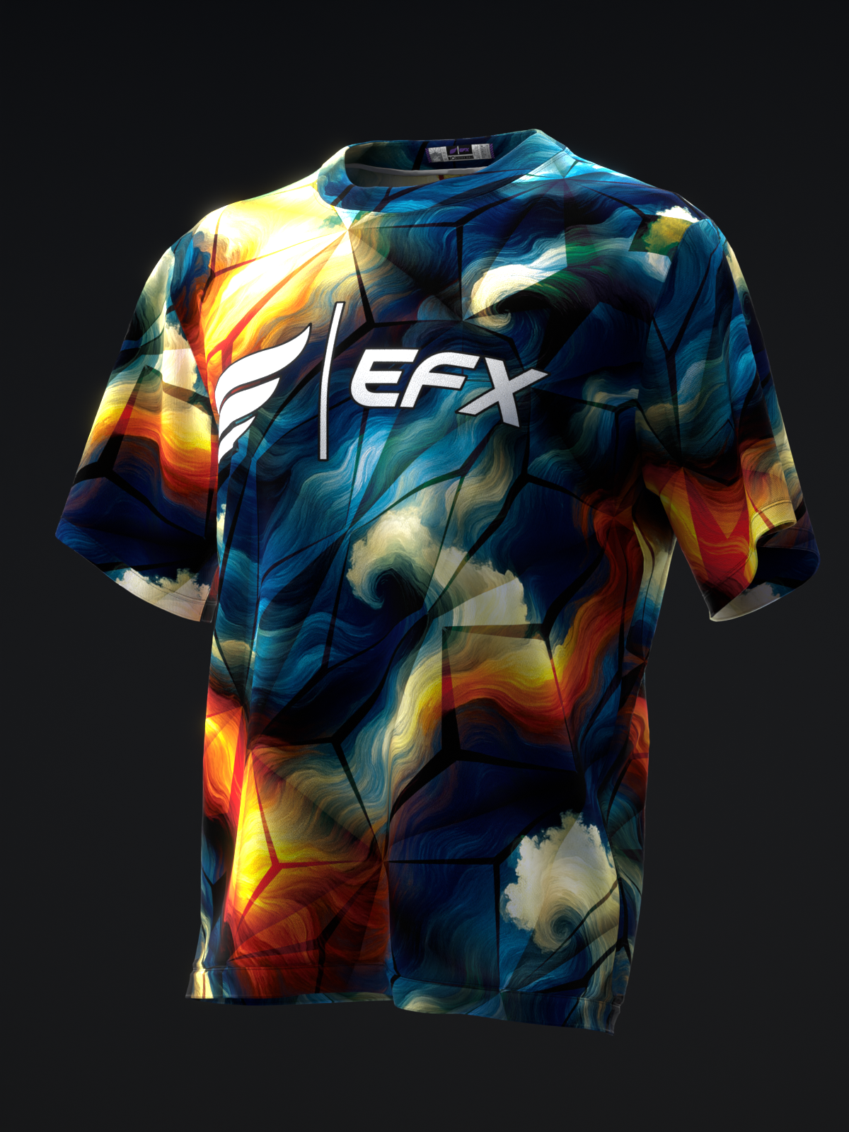 Bowling jersey with blue, orange, and yellow abstract cloudy pattern and EFX logo