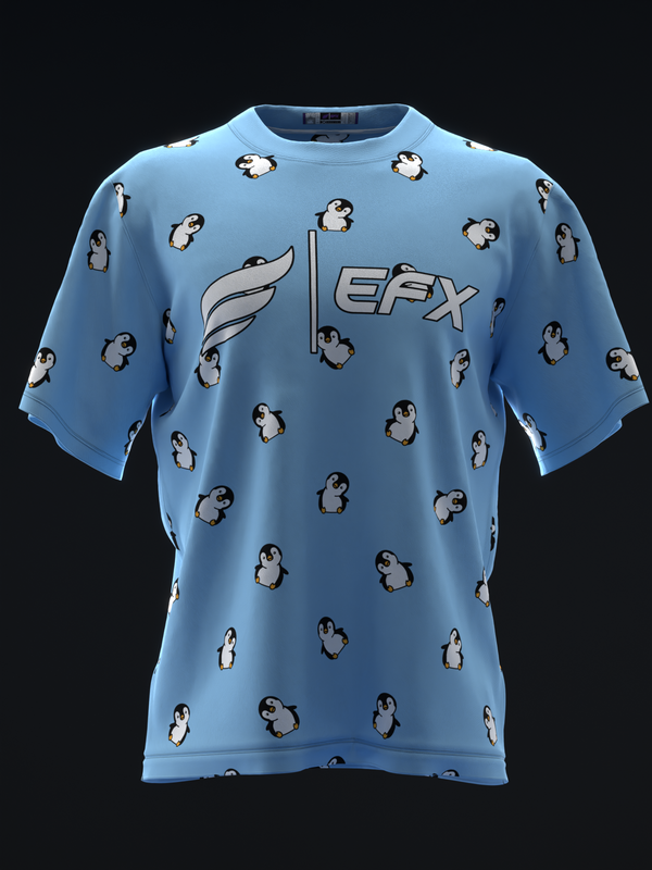 Light blue bowling jersey with repeating penguin pattern and EFX logo