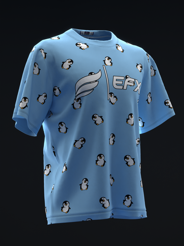 Light blue bowling jersey with repeating penguin pattern and EFX logo, front view