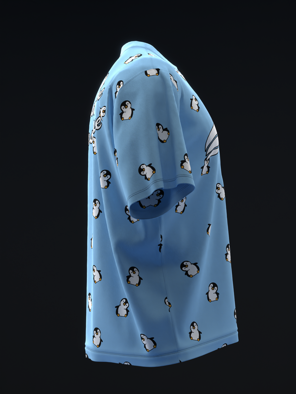 Light blue bowling jersey with scattered penguin graphics, three-quarter view