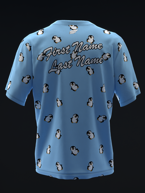 Light blue bowling jersey with repeating penguin pattern and personalized name text