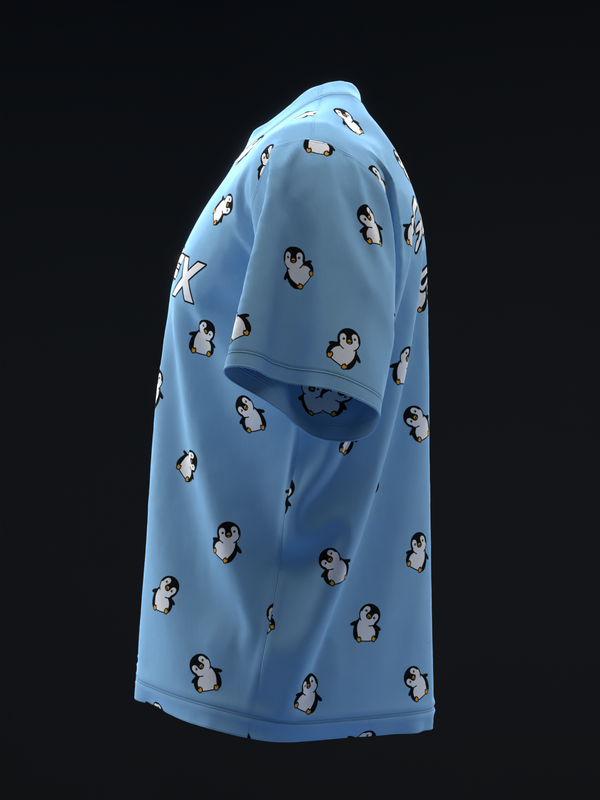 Light blue bowling jersey with repeating penguin print, side view