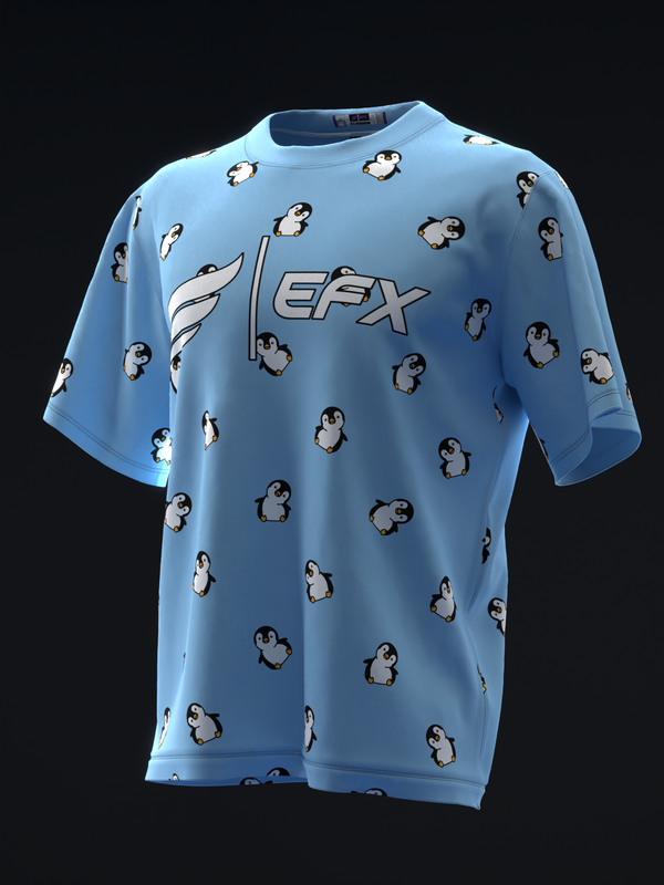 Light blue bowling jersey with scattered penguin pattern and EFX logo, front view