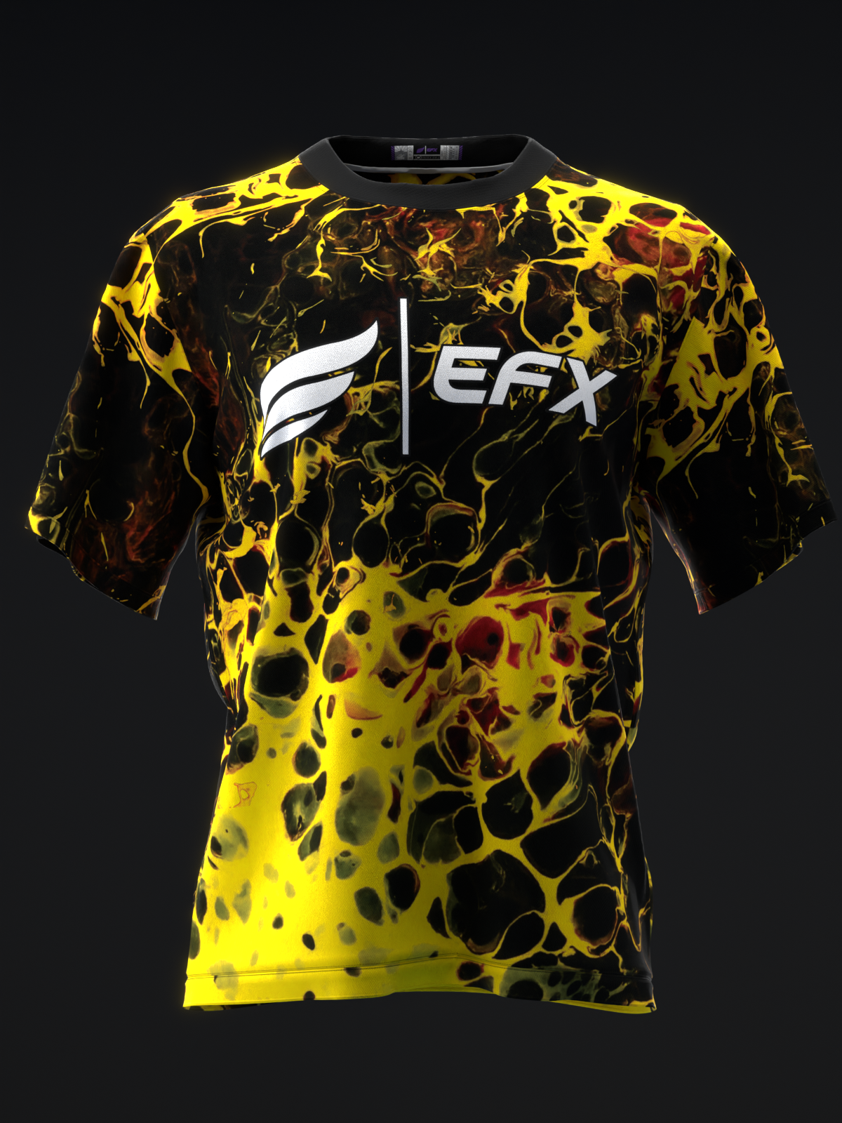 Black bowling jersey with yellow and red cracked lava pattern and EFX logo
