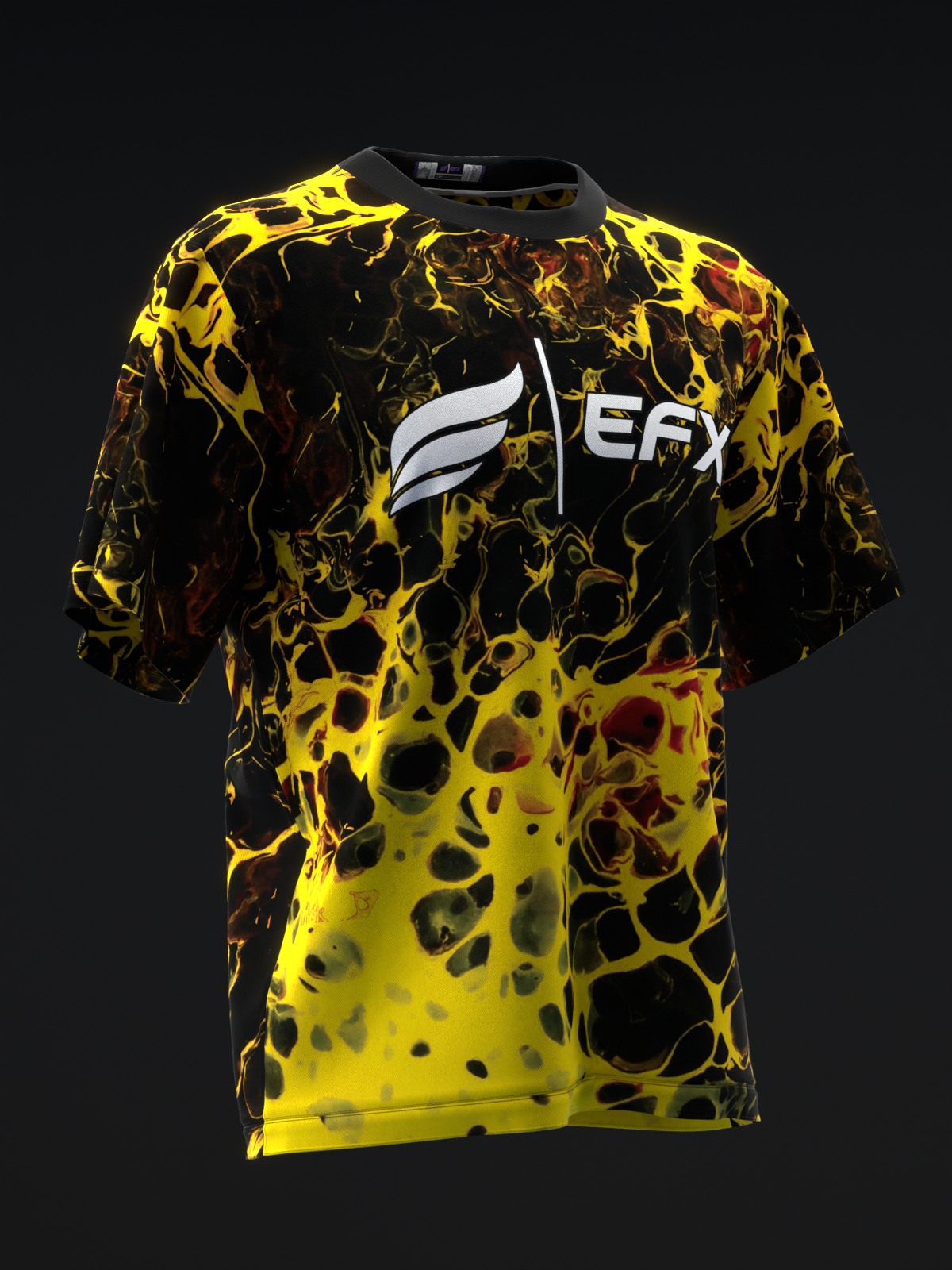 Yellow and black abstract marble pattern bowling jersey, front view