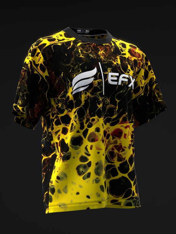 Yellow and black abstract marble pattern bowling jersey, front view