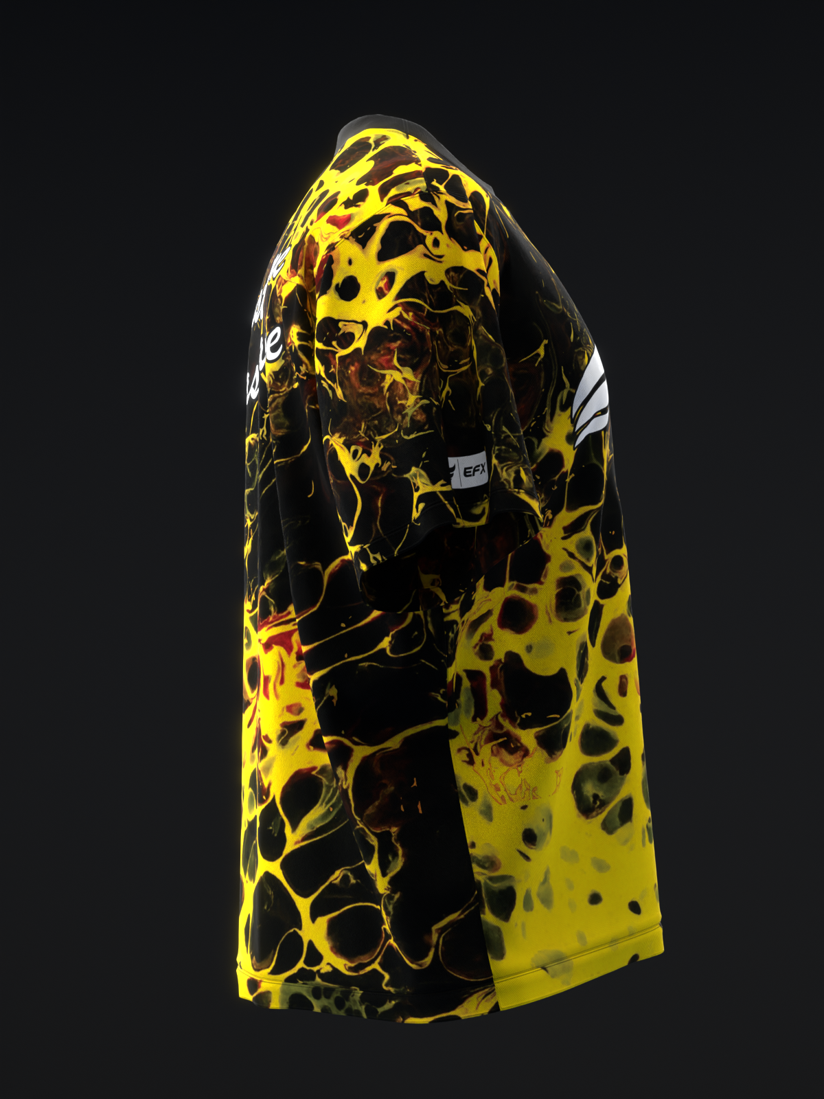 Yellow and black bowling jersey with abstract organic pattern, side view