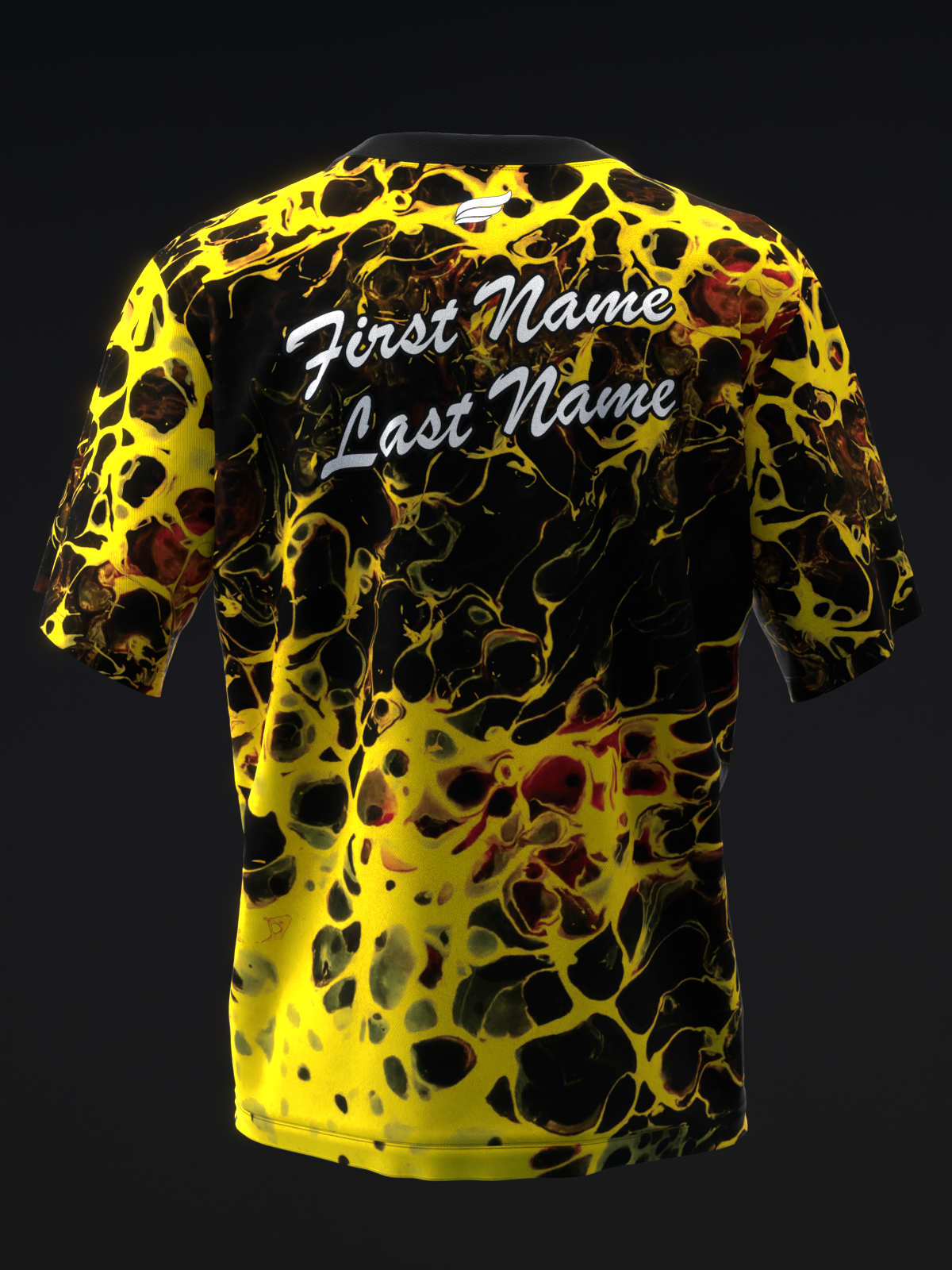 Black and yellow bowling jersey with abstract liquid splatter pattern and personalization text