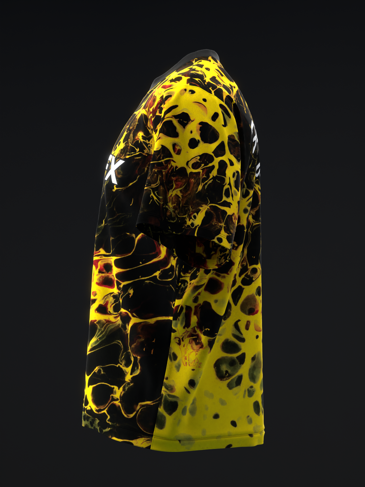 Yellow bowling jersey with black abstract liquid and dot pattern, side view