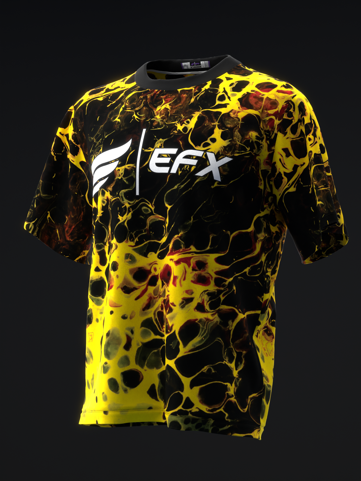 Black bowling jersey with yellow and orange crackle pattern and EFX logo
