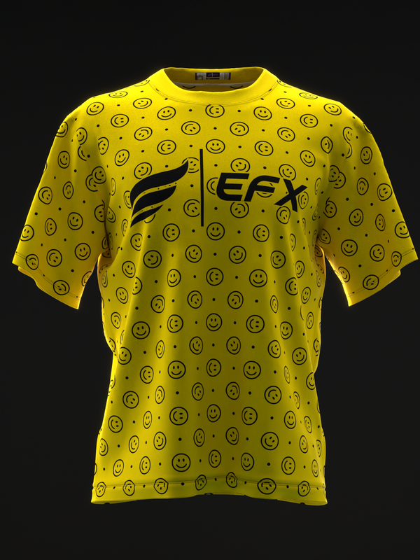Yellow bowling jersey with repeating smiley face pattern and EFX logo