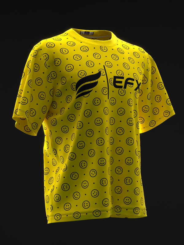 Yellow bowling jersey with smiley face pattern and black EFX logo, front view