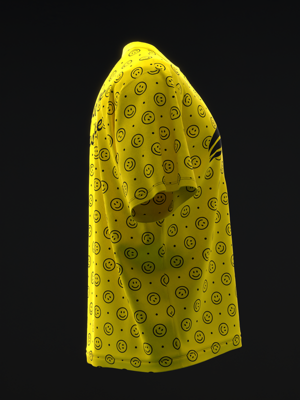 Yellow bowling jersey with repeating smiley face pattern, side view