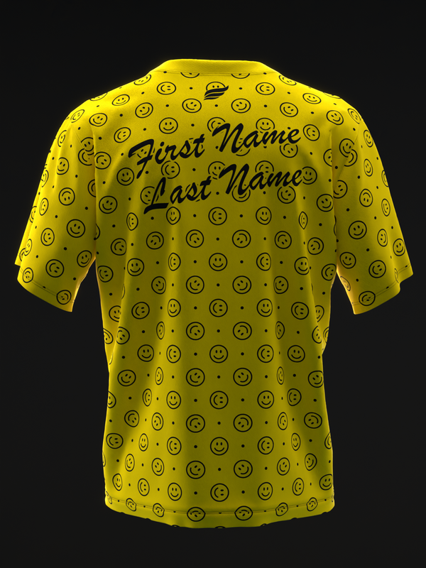 Yellow bowling jersey with all-over smiley face pattern and personalized name text