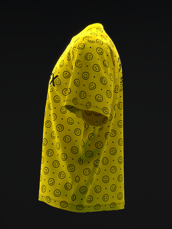 Bright yellow bowling jersey with repeating black smiley face pattern, side view