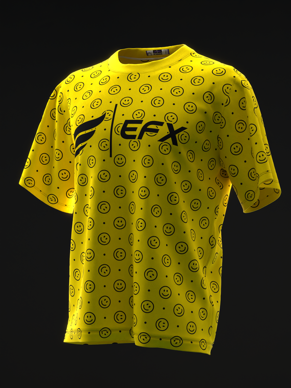 Yellow bowling jersey with all-over smiley face pattern, front view