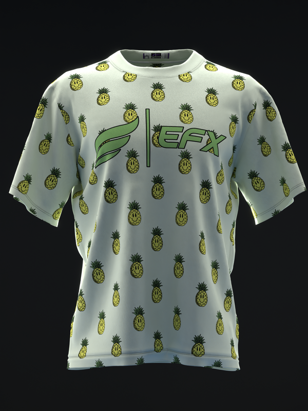 Light gray bowling jersey with green pineapple print and green logo, front view