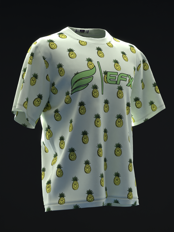 White bowling jersey with yellow pineapple pattern and green graphic design