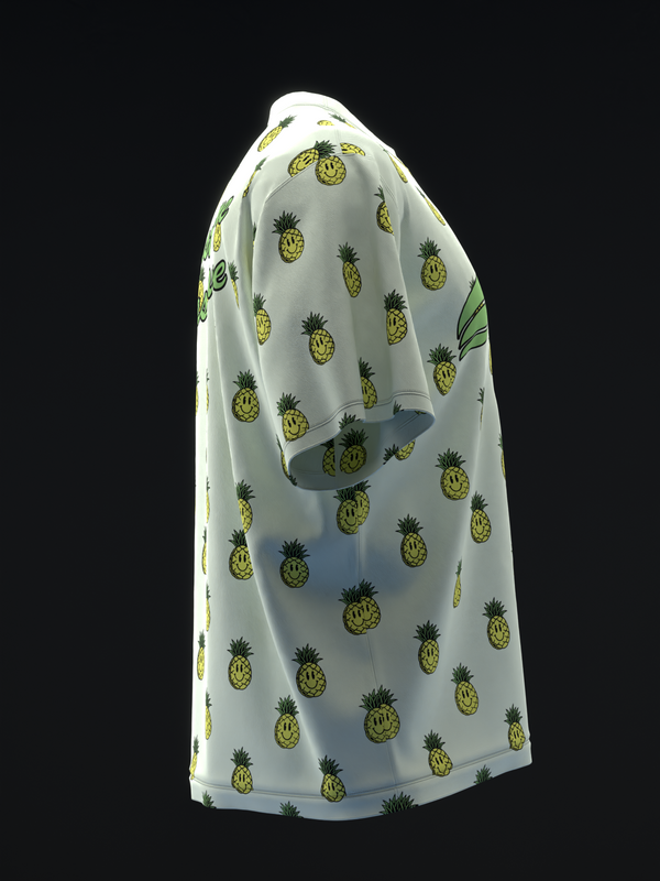 White bowling jersey with all-over yellow and green pineapple print, side view