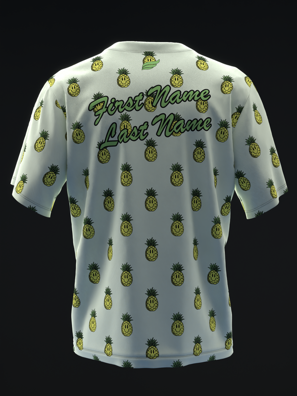 White bowling jersey with repeating green and yellow pineapple pattern, back view