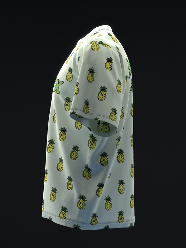 White bowling jersey with all-over yellow and green pineapple print, side view