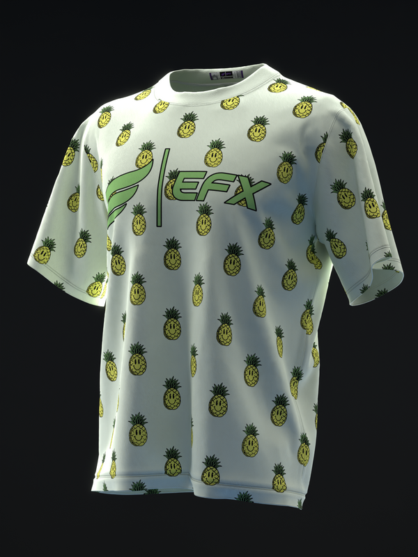 White bowling jersey with all-over pineapple print and green graphic text